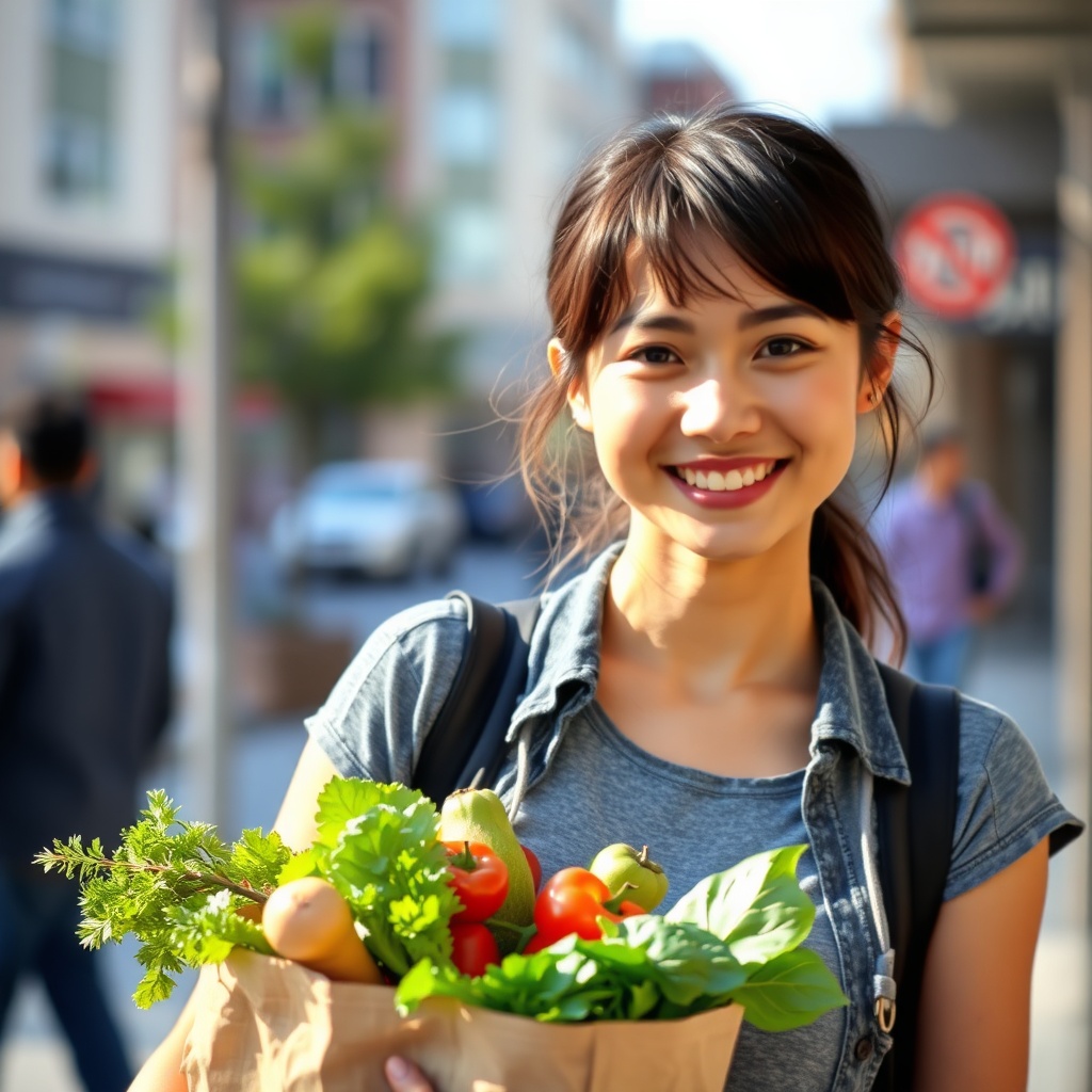 Portrait of Aisha Khan with groceries