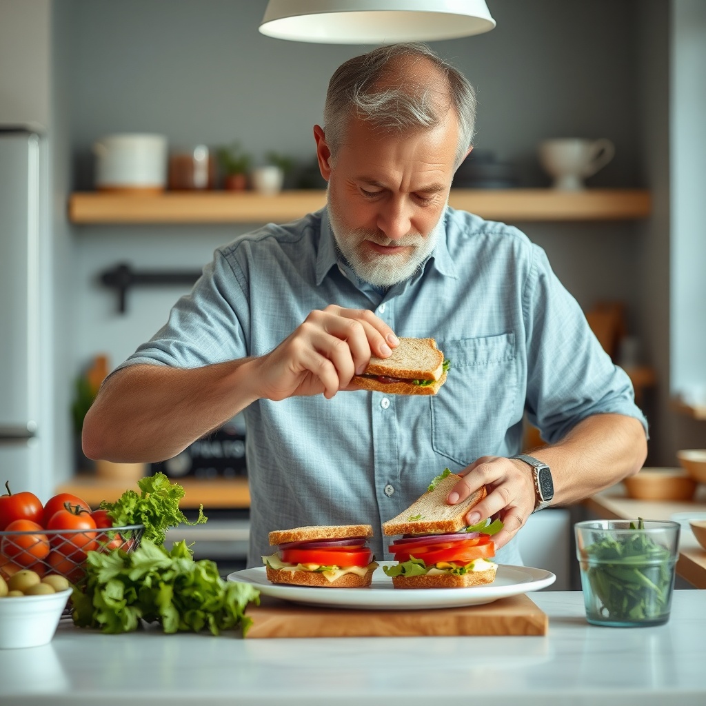 Portrait of Tom Baker preparing a sandwich