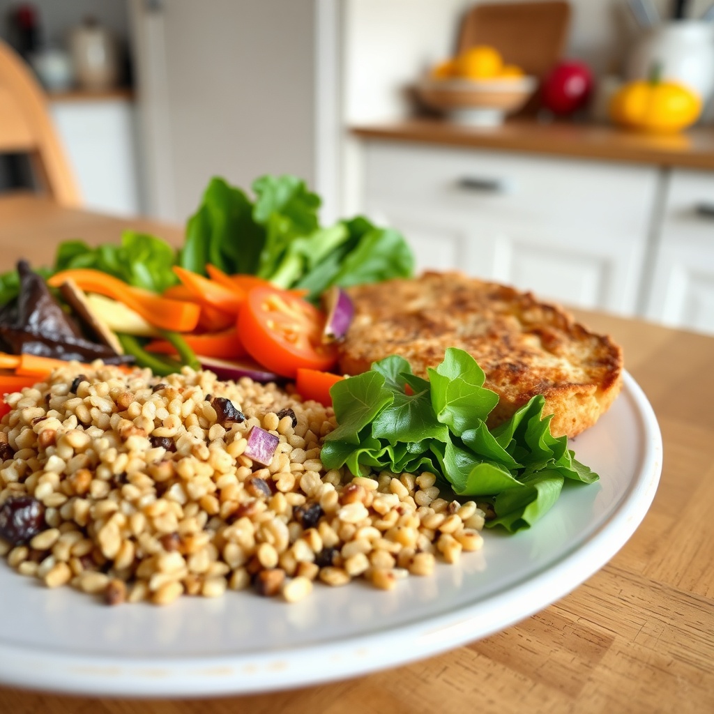 Balanced plate with vegetables, grains and protein