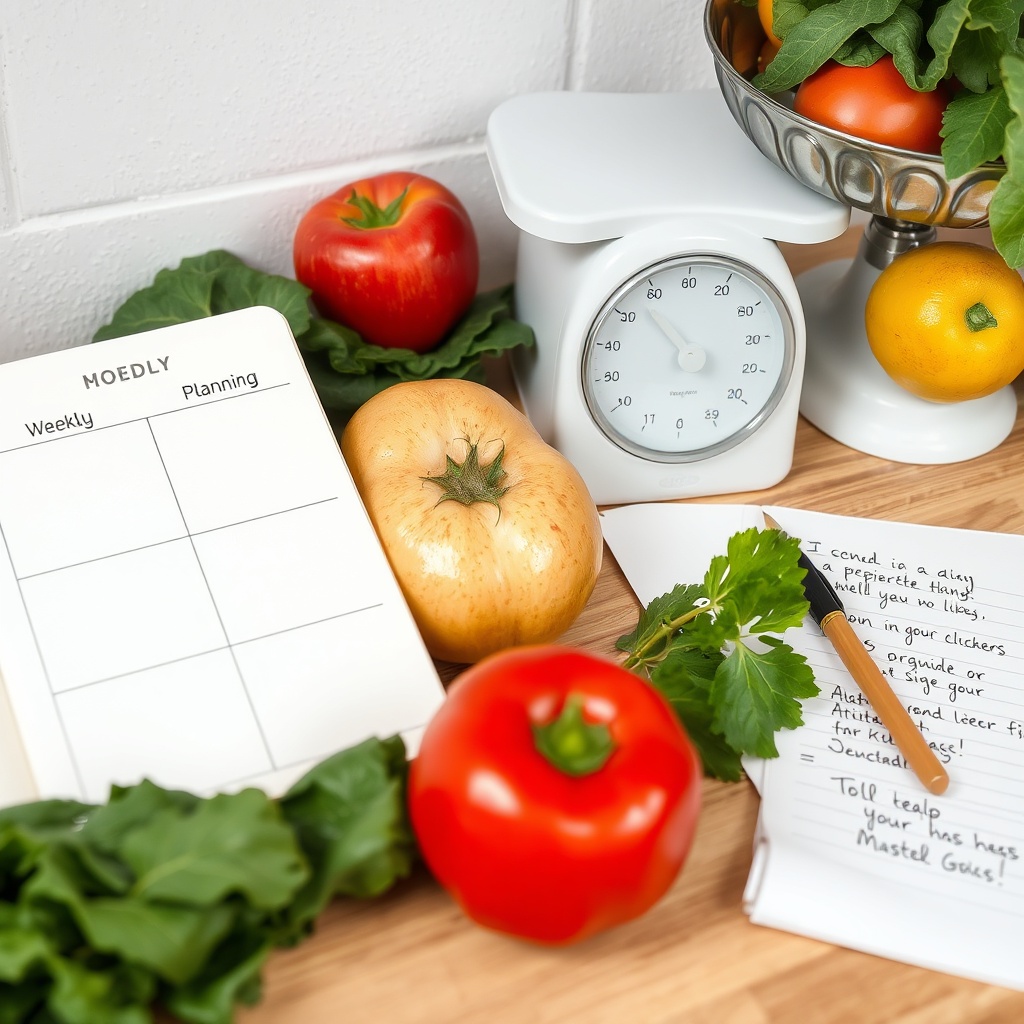 Meal-planning notebook with fresh produce and shopping list
