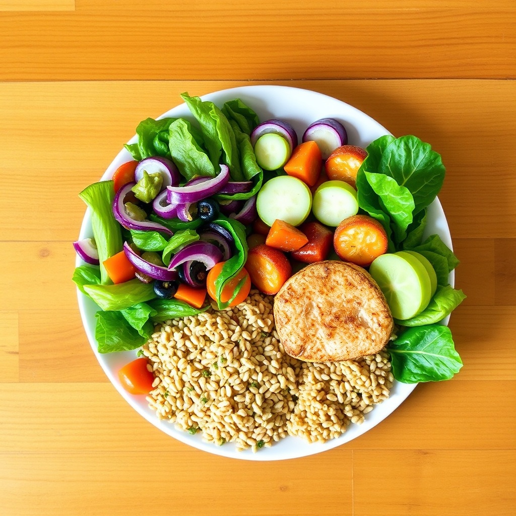 Balanced plate with vegetables, protein and whole grains