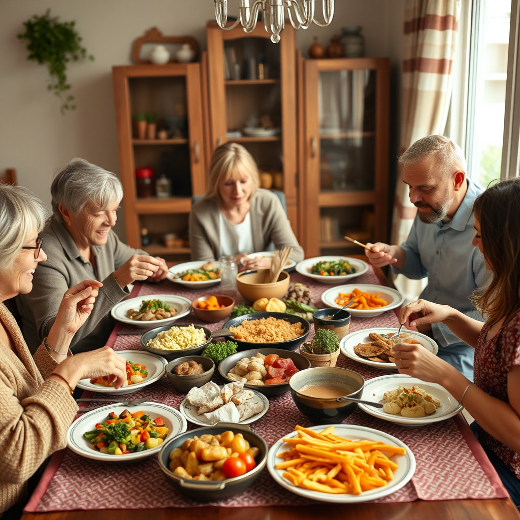 Group sharing a communal meal