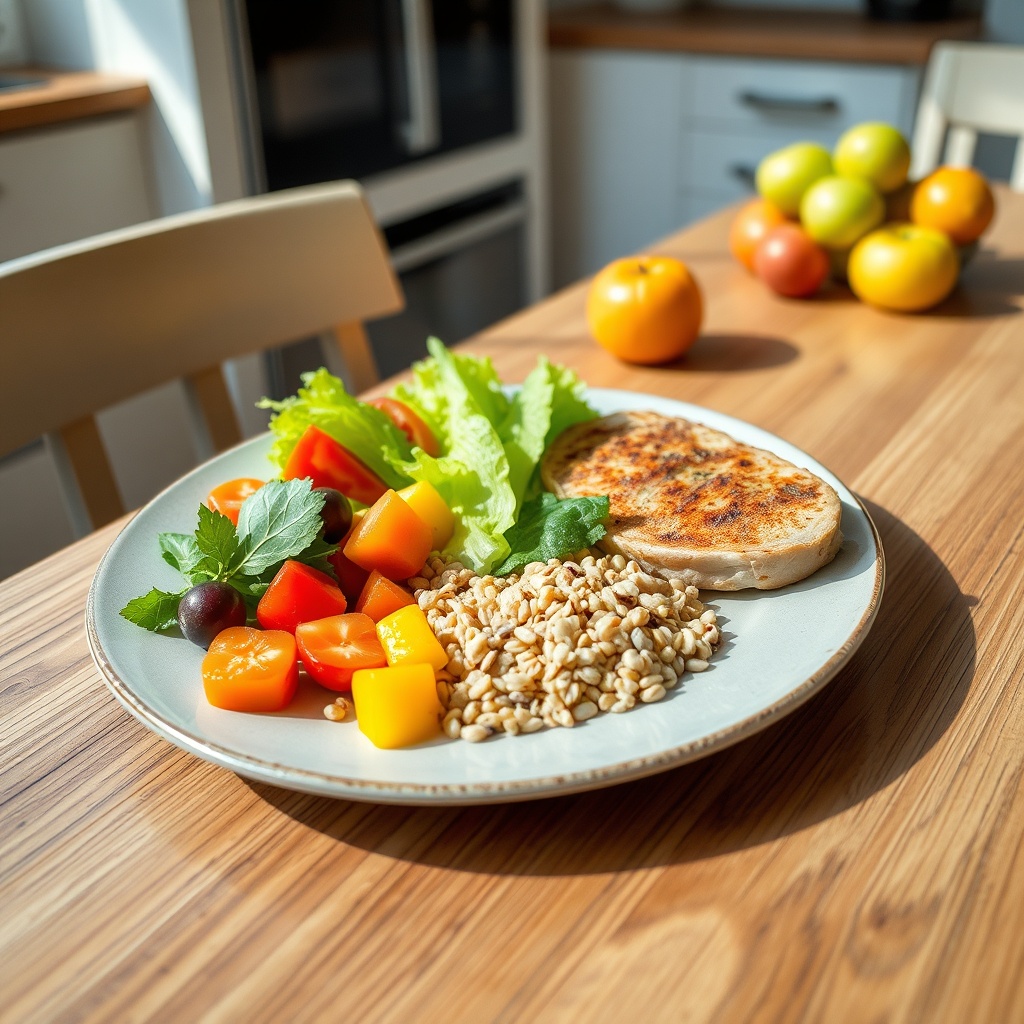 Balanced plate with vegetables, grains and protein